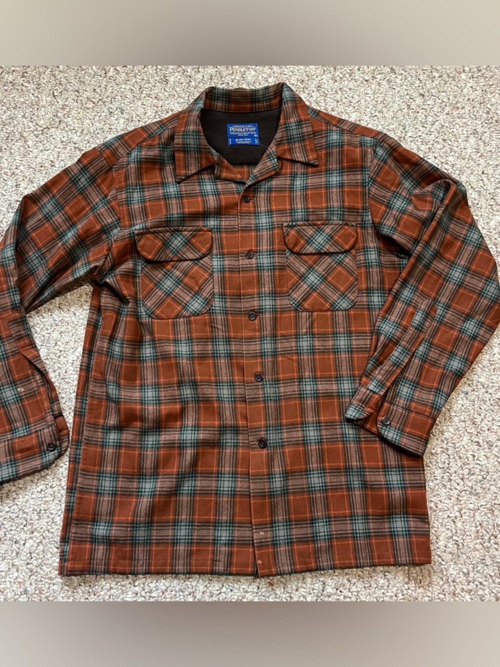 Pendleton 100% virgin wool board shirt plaid flannel orange grey medium